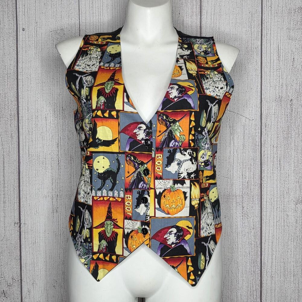 Vintage Halloween Vest - Large - Horror Comic Print Witch Vampire Pumpkin 90s